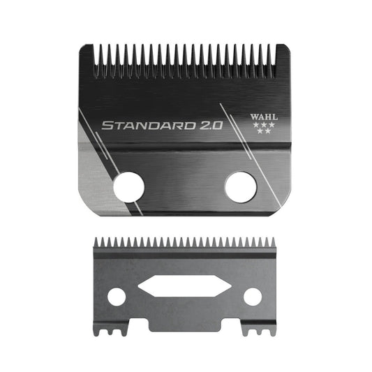 A pair of Wahl Standard 2.0 hair clipper blades, including the upper black and silver metal blade and the lower dark gray replacement blade, shown on a plain white background.