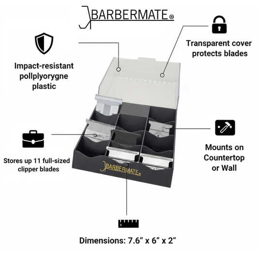 Barbermate blade storage organizer with features highlighted on a white background