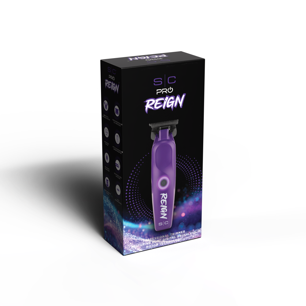 Purple grooming tool with 's/c Pro Reign' branding on a white background