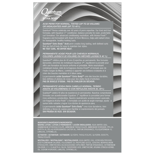 A product information card for Quantum Extra Body Acidsaline for normal, tinted, or highlighted hair, showing English and French descriptions and ingredients on a gray and white background.