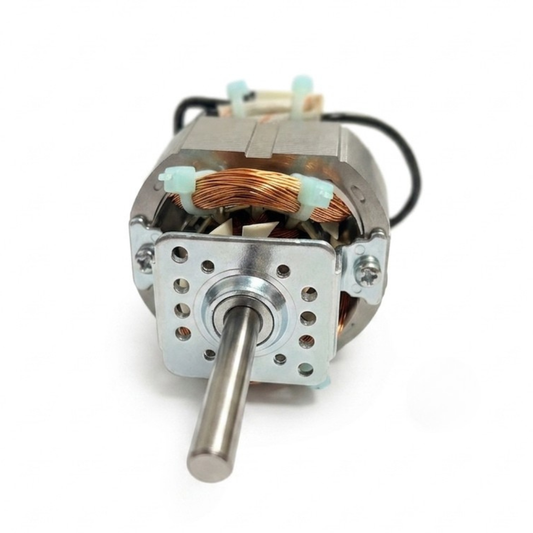A metal electric motor with copper windings, a silver metal shaft, and black wires, shown on a plain white background.