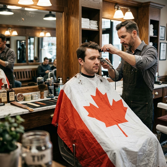 Barber cutting a customer's hair with a Canadian flag cape in a barbershop.