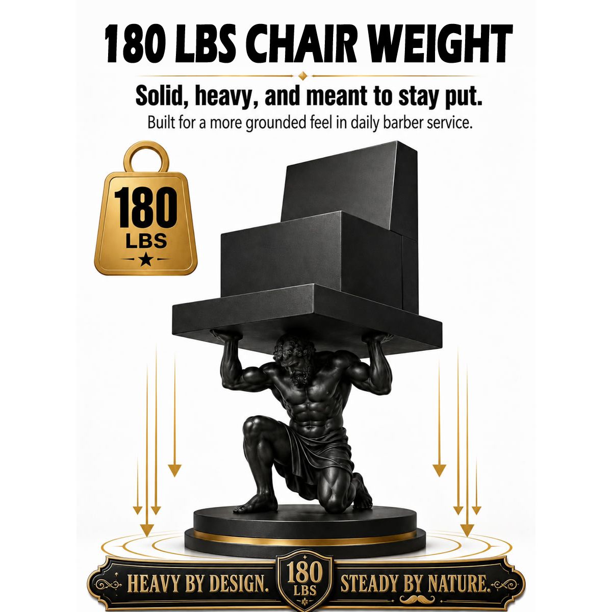 A black metal chairweight sculpture of a kneeling muscular figure supporting a stacked chair-like structure, shown on a white background with promotional text reading 180 LBS CHAIR WEIGHT and a gold 180 LBS weight icon.