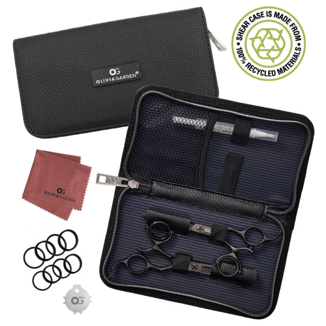 Oliva garden professional scissors set with a black textured zippered case, shown open alongside a pink cleaning cloth, black ring for finger holes, a tube of shear oil. A green circular badge highlights the recycled materials of the case.