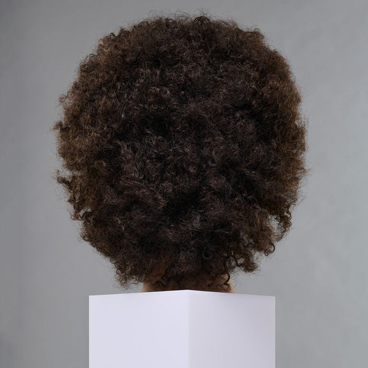 A dark brown curly wig displayed on a mannequin head, viewed from the back, resting on a white display block against a neutral gray background.
