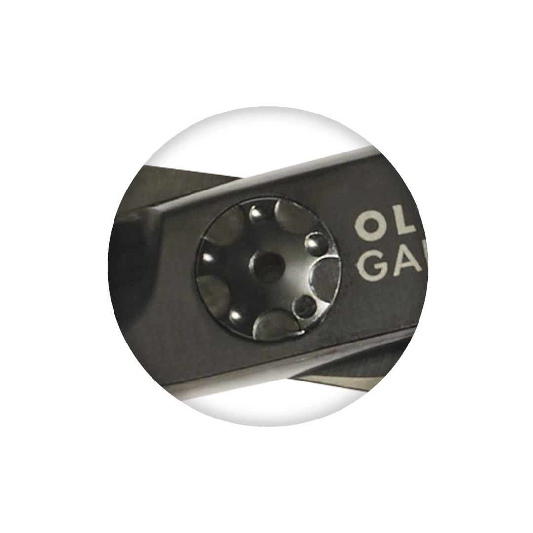 Close-up of a black metal tension screw component with a circular barrel shroud and partial white text reading 'OL GA' on a plain white background.