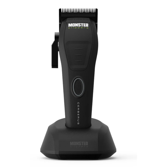 Monster Clippers Cerberus Hair Clipper front view on charging stand on a white background