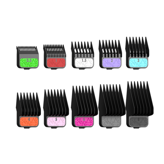 10 color coded black plastic clipper blade guards by TPOB side view 