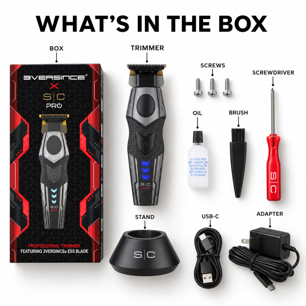 Trimmer box, trimmer, crews, screwdriver, oil, brush. stand, usb-c cord and adapter shown on a white background with the text what's in the box