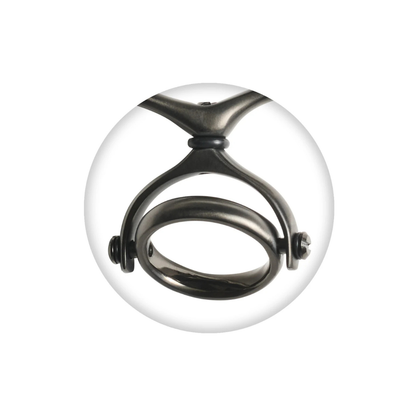 A dark metallic ring-shaped product with a Y-shaped top, shown centered inside a circular white frame on a plain white background.