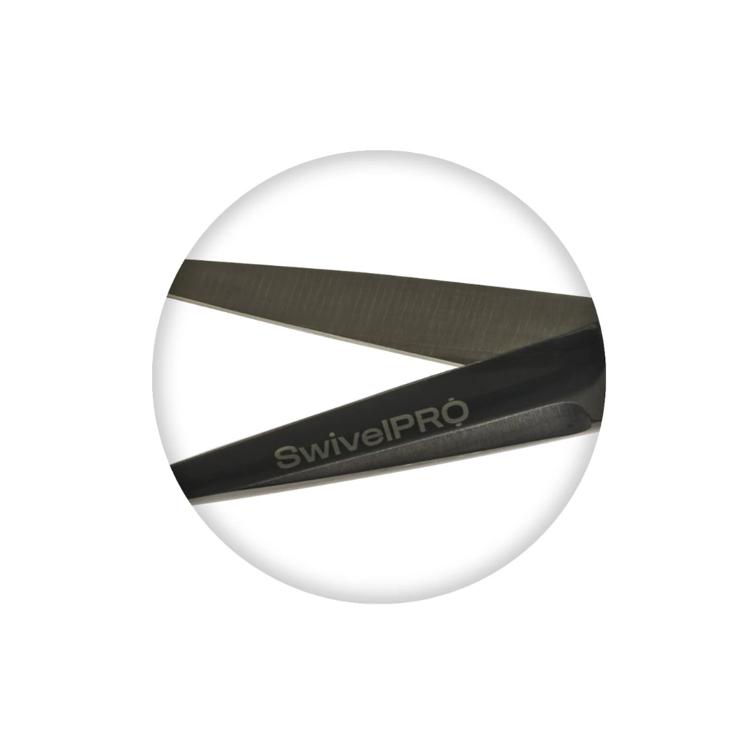 Close-up of a black and dark gray metal tool with the brand name 'SwivelPRO' printed on it, shown inside a circular frame on a white background.