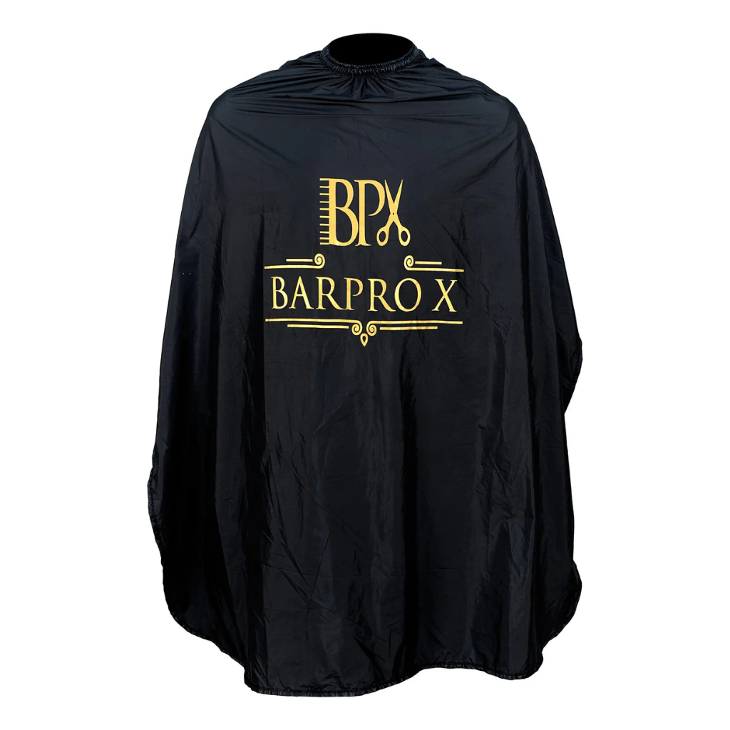 Black barber cape with gold 'BARPRO X' logo on a white background