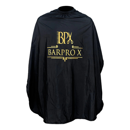Black barber cape with gold 'BARPRO X' logo on a white background