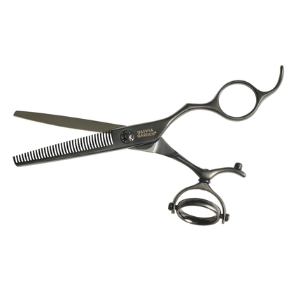 Olivia Garden hair styling scissors with a metallic dark gray finish, featuring a thinning comb blade and two handle styles, shown on a plain white background.