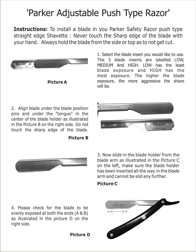 Parker’s PTABK Stainless Steel Adjustable barber razor Instructions