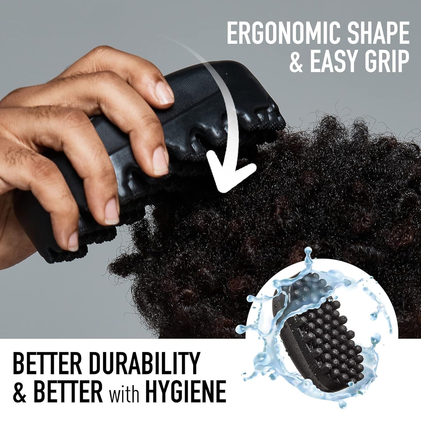 Hand using a black hairbrush on curly hair with text highlighting ergonomic shape, easy grip, durability, and hygiene.