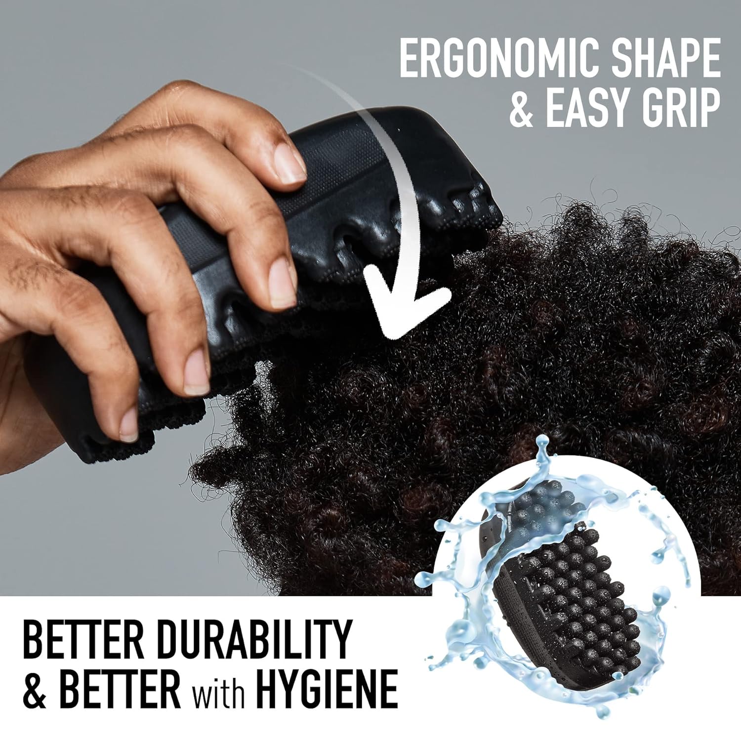 Hand using a black hairbrush on curly hair with text highlighting ergonomic shape, easy grip, durability, and hygiene.