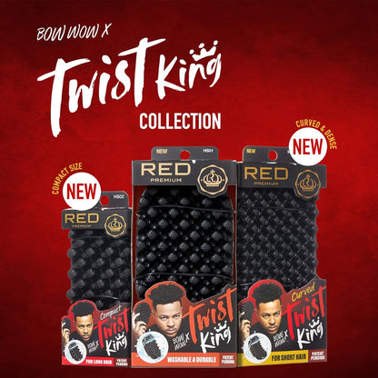 Bow Wow x Twist King hair product packaging on a red background