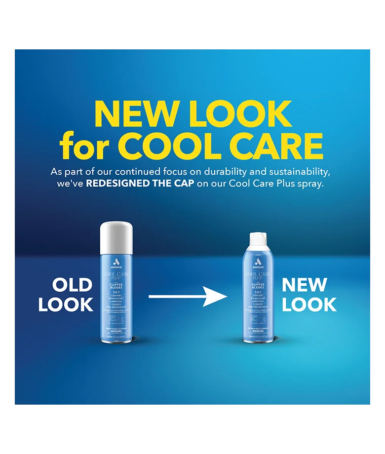 Advertisement showing a comparison of an old and new look for a Cool Care Plus spray bottle on a blue background.