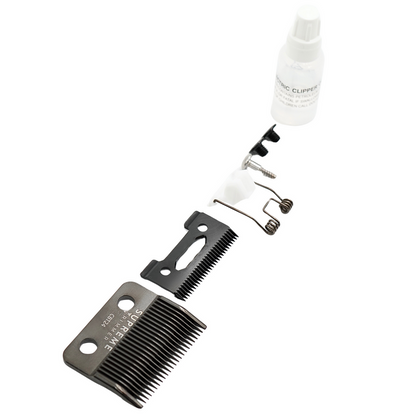 Hair clippers and attachments on a white background