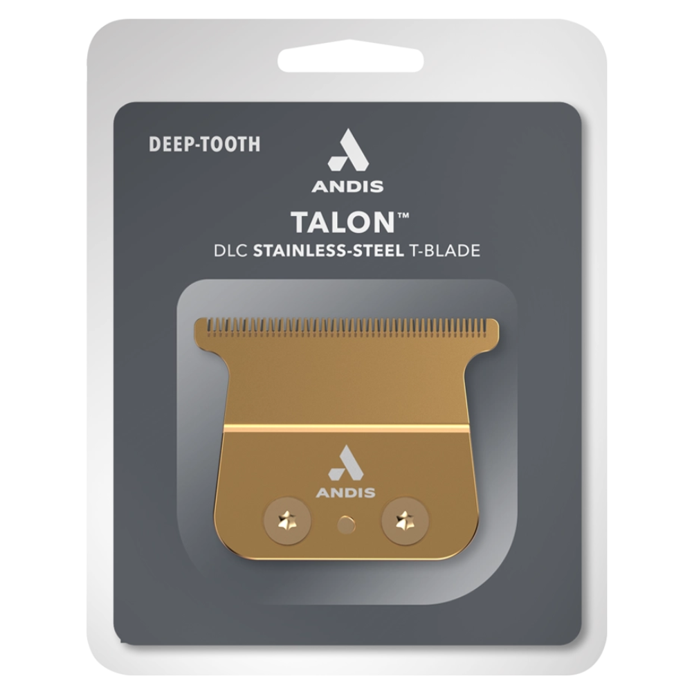 Andis Talon DLC stainless steel T-blade clipper in gold, mounted on its original dark gray retail blister card packaging.