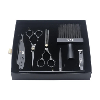Set of black hairdressing tools including scissors, comb, and other accessories in a black box on a white background.