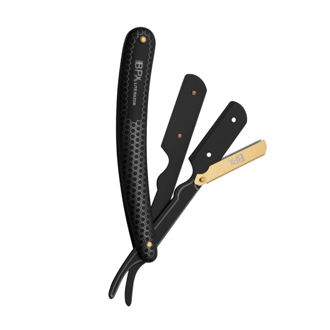 A BarPro X straight razor with a textured black handle, black blades, and a gold-toned guard, shown open against a solid white background.