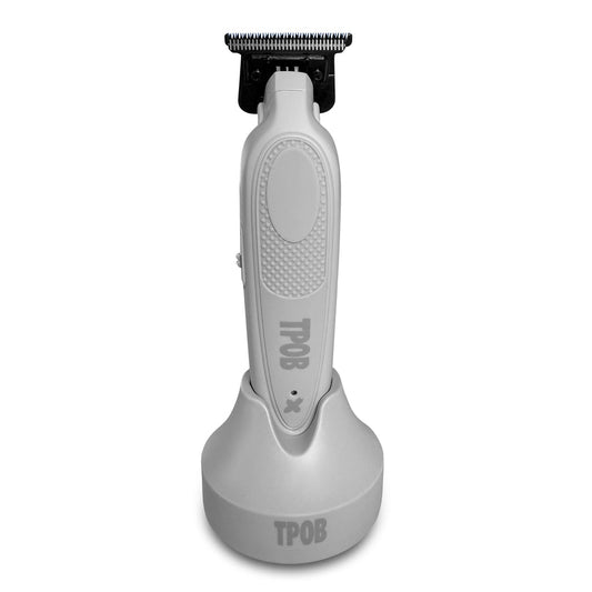Gray hair trimmer with 'TPOB' branding on a white background