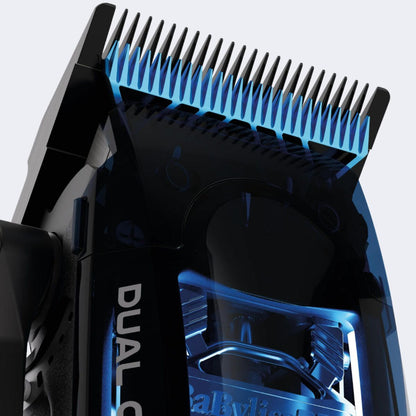 Close-up of a hair clipper with 'Dual' branding on a white background