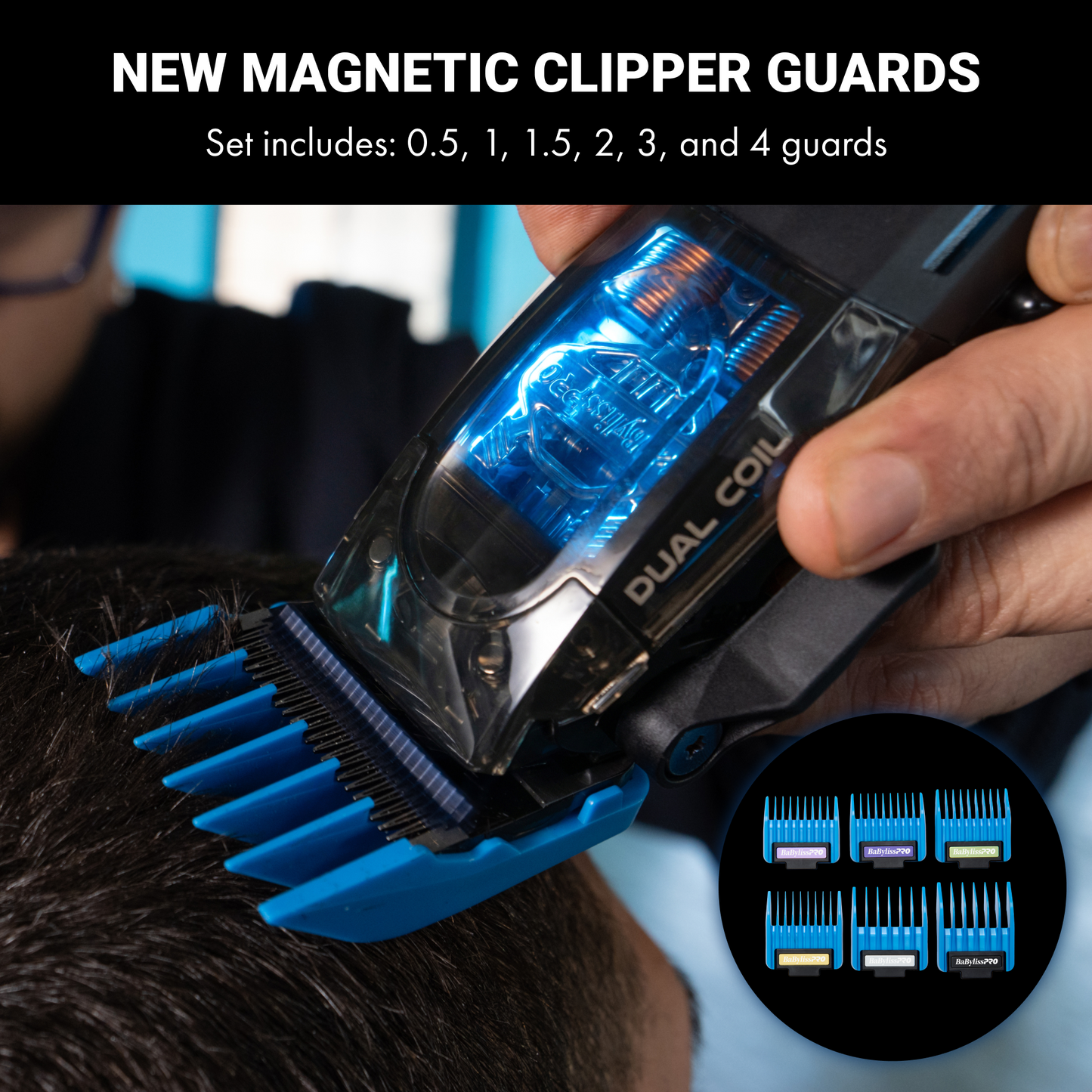 Hair clipper with blue magnetic clipper guards being used on a person's head, set against a blurred background.