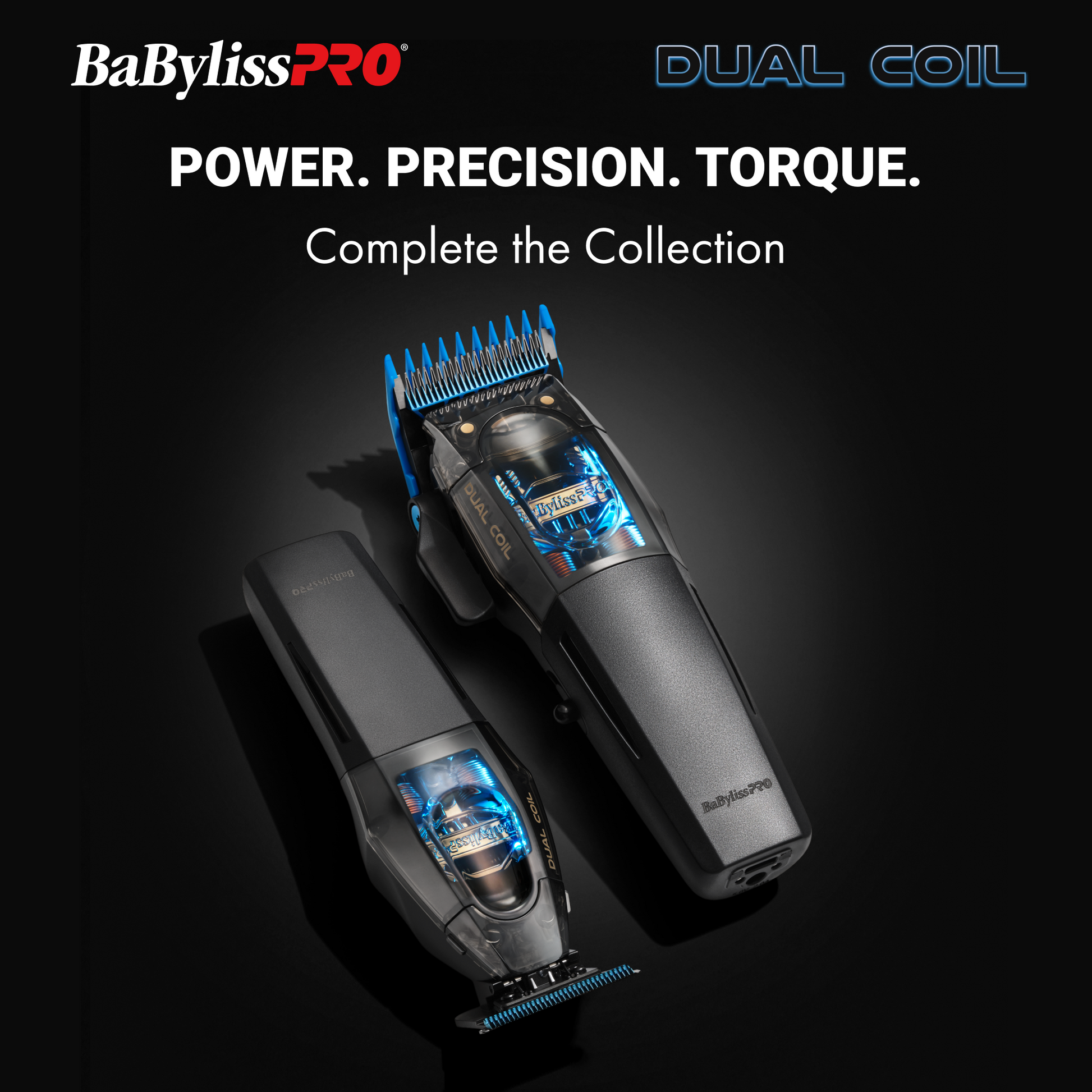 BaBylissPRO hair clipper and trimmer with dual coil technology on a dark background