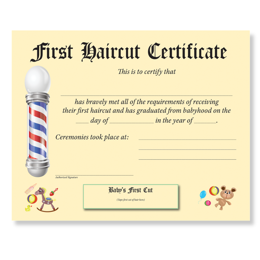 A first haircut certificate template on a pale yellow background, with a barber pole illustration on the left, decorative illustrations at the bottom, and blank lines for writing names and dates.