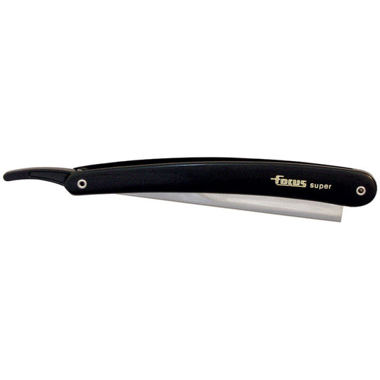black plastic handle shaving razor with metal blade holder on a white background. Razor shown in closed position