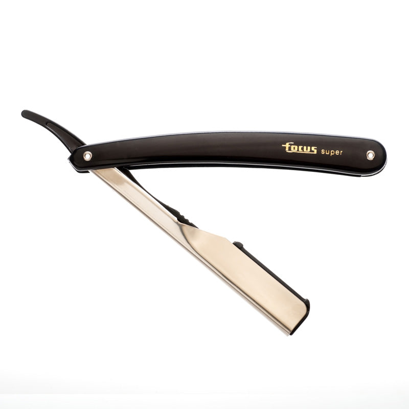 black plastic handle shaving razor with metal blade holder on a white background. Razor shown in open position