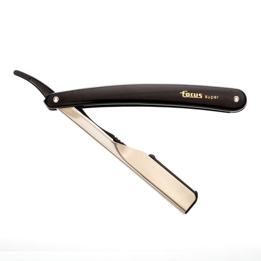 black plastic handle shaving razor with metal blade holder on a white background. Razor shown in open position