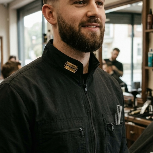A man with a beard wearing a black zip-up barber jacket with a gold-toned double edge razor blade label pin shown on the collar, standing inside a barbershop.