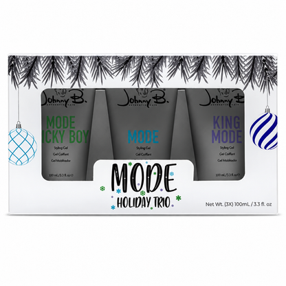 Johnny B MODE Holiday Trio Set of mode lucy boy, mode and king mode styling gels in a holiday themed white box with clear front box view of products
