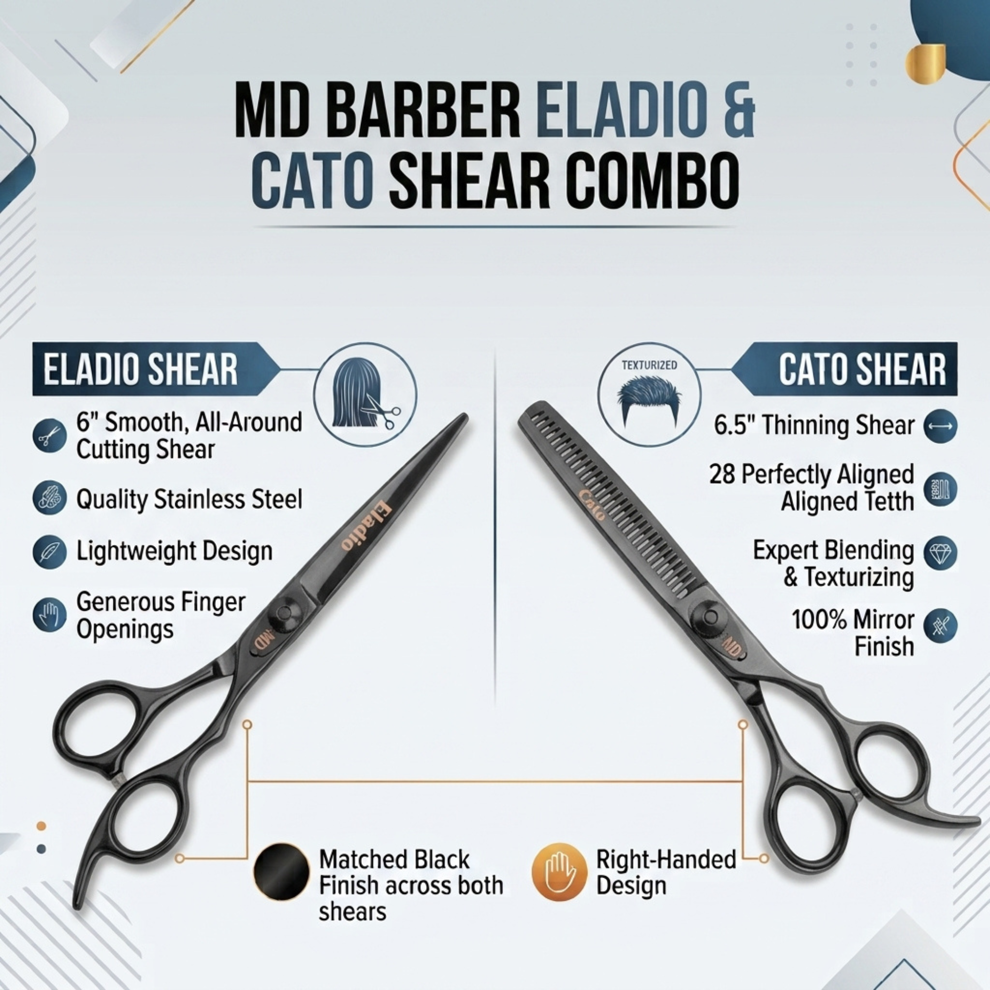Promotional graphic for the MD Barber Eladio & Cato Shear Combo, showing two black professional scissors side by side with feature callouts for the Eladio shear and cato shear.