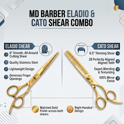 Promotional graphic for the MD Barber Eladio & Cato Shear Combo, showing two gold-colored professional barber shears side by side with detailed feature callouts and text on a light gray background with subtle geometric accents.