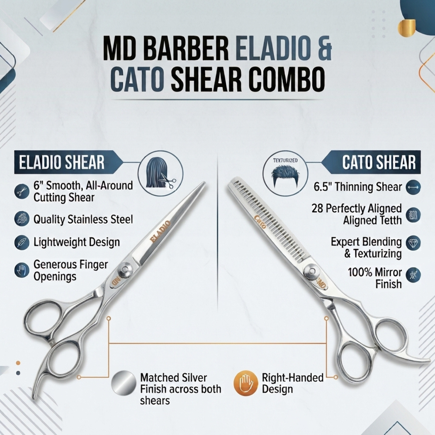 Promotional graphic for the MD Barber Eladio & Cato Shear Combo, showing two silver professional barber shears on a light gray and white background with descriptive text and icons for each shear type.