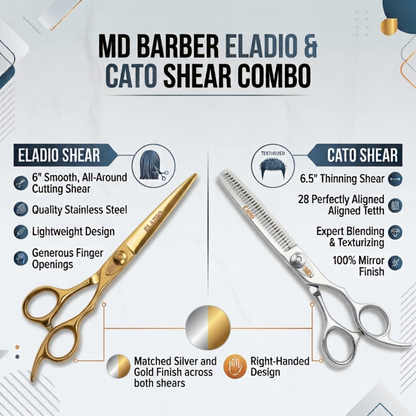 Promotional graphic for the MD Barber Eladio & Cato Shear Combo, showing a pair of gold and silver scissors with detailed specifications for each shears on a light gray and white background.