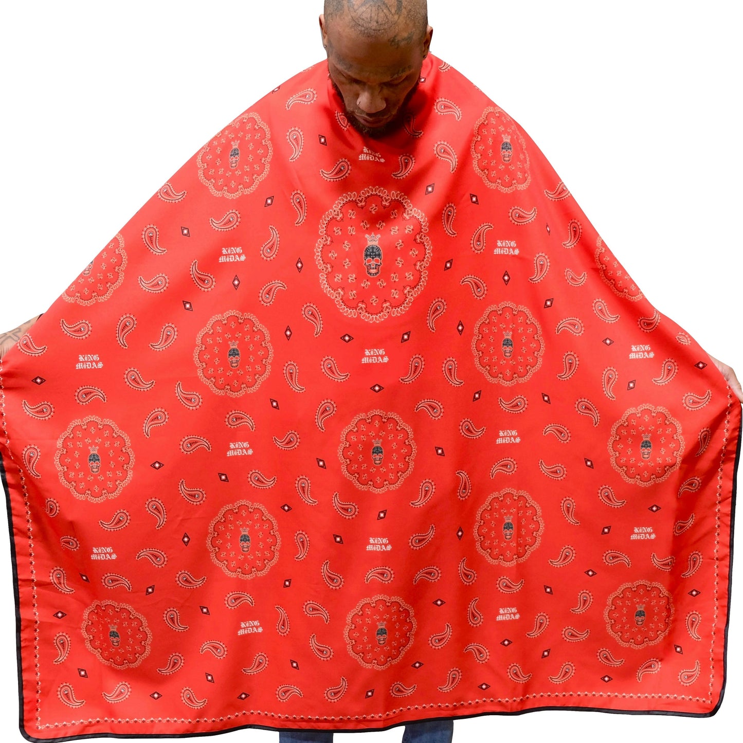 red bandana barber cape -barber cape- hair stylist capes- styling cape - salon capes -barber capes -hair cutting cape- hair cutting capes for men- barber cape for men - King Midas cape- barbershop cape -professional barber cape with snap buttons- hair sty