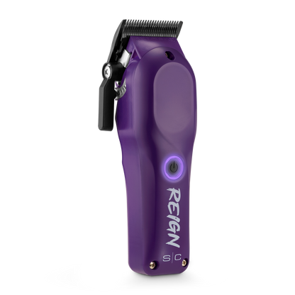 Purple hair clipper with 'Reign' branding on a white background