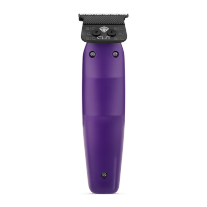 Purple grooming tool with black top on a white background