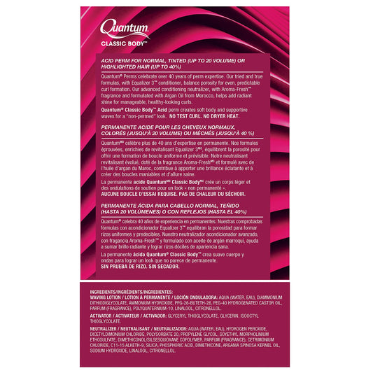 The back of a Quantum Classic Body hair removal product package, featuring product descriptions, ingredients, and directions in English and Spanish on a white background with a magenta gradient header.