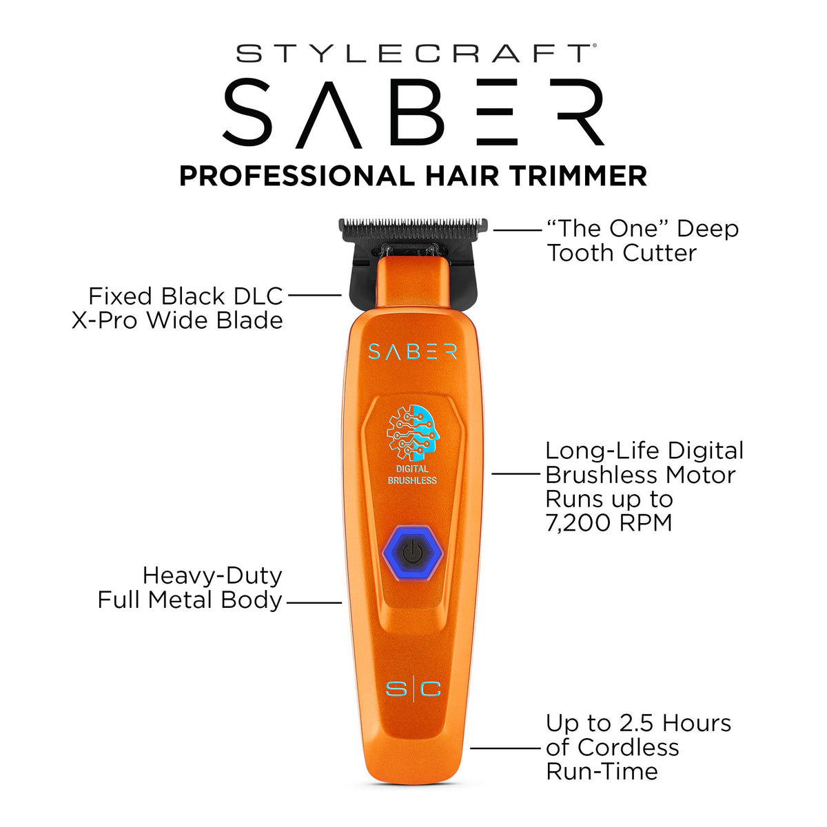 StyleCraft Saber Cordless Digital Brushless Motor Trimmer - Orange #SC421O
