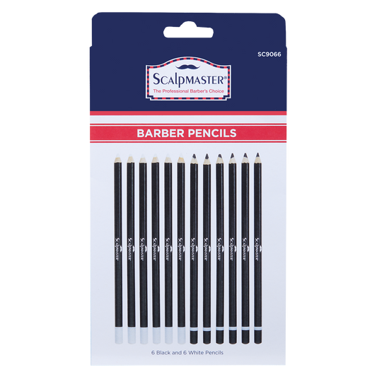 Scalpmaster Barber Pencils in retail packaging, featuring 6 black and 6 white pencils on a white backing card with a dark blue header.