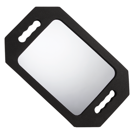 A black-framed wall mirror with two decorative cutout handles, shown at an angle on a plain white background.