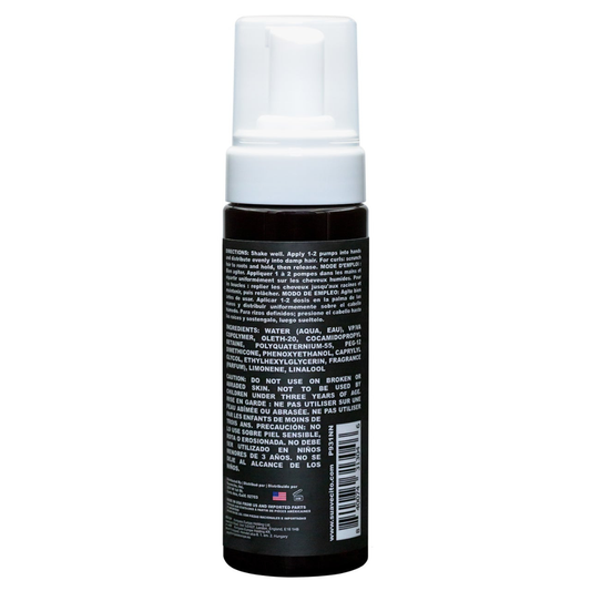 Suavecito Curl Mousse brown bottle with white pump cap on white background showing the back side of the bottle listing ingredients etc