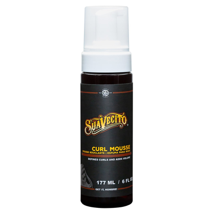 Suavecito Curl Mousse brown bottle with white pump cap on white background